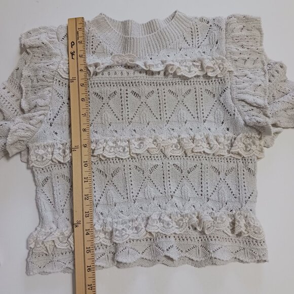 Zara Pointelle Ruffled Knit Top Sweater Size Small Ecru Cream Lace Trim Coquette - Picture 11 of 12